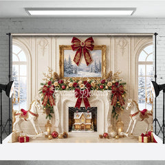 Lofaris Elegant Fireplace Holiday Backdrop with Red and Gold Bows Winter Wonderland Scene Rocking Horses