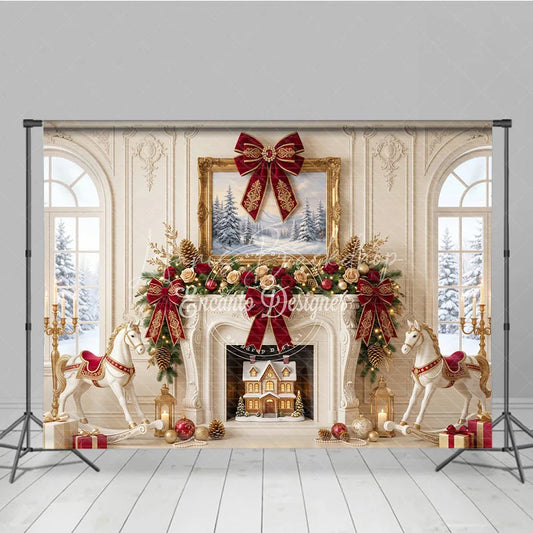 Lofaris Elegant Fireplace Holiday Backdrop with Red and Gold Bows Winter Wonderland Scene Rocking Horses