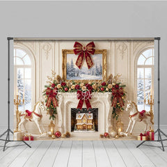 Lofaris Elegant Fireplace Holiday Backdrop with Red and Gold Bows Winter Wonderland Scene Rocking Horses