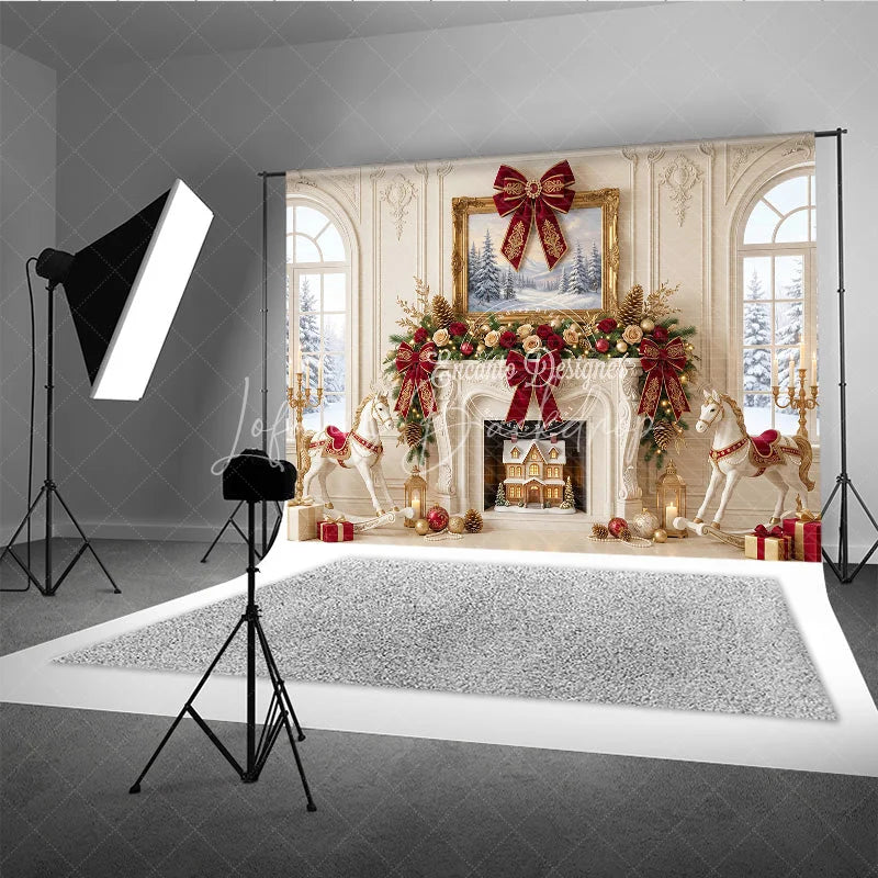 Lofaris Elegant Fireplace Holiday Backdrop with Red and Gold Bows Winter Wonderland Scene Rocking Horses