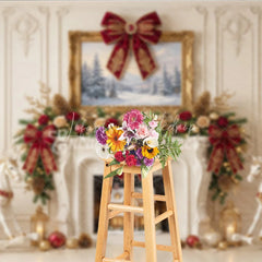 Lofaris Elegant Fireplace Holiday Backdrop with Red and Gold Bows Winter Wonderland Scene Rocking Horses