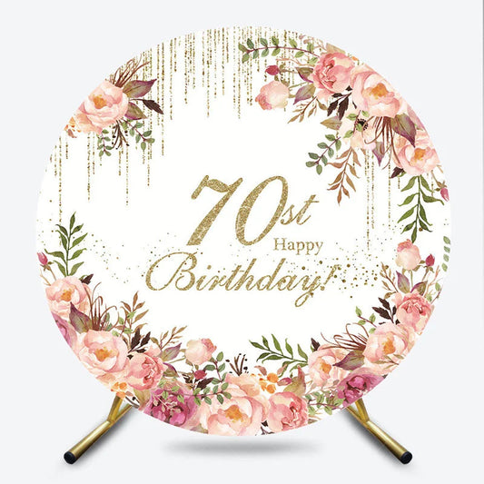 Lofaris Elegant Floral 70th Happy Birthday Round Backdrop Gold Glitter and Pink Rose Party Decor