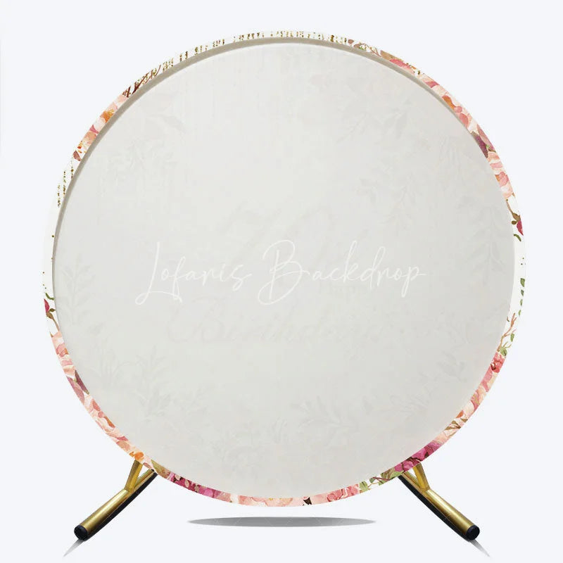 Lofaris Elegant Floral 70th Happy Birthday Round Backdrop Gold Glitter and Pink Rose Party Decor