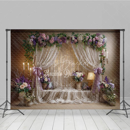 Lofaris Elegant Floral Arch and Draped Sheer Curtains Photography Backdrop Romantic Lavender Pink Wedding Party Decor