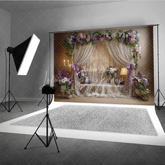Lofaris Elegant Floral Arch and Draped Sheer Curtains Photography Backdrop Romantic Lavender Pink Wedding Party Decor