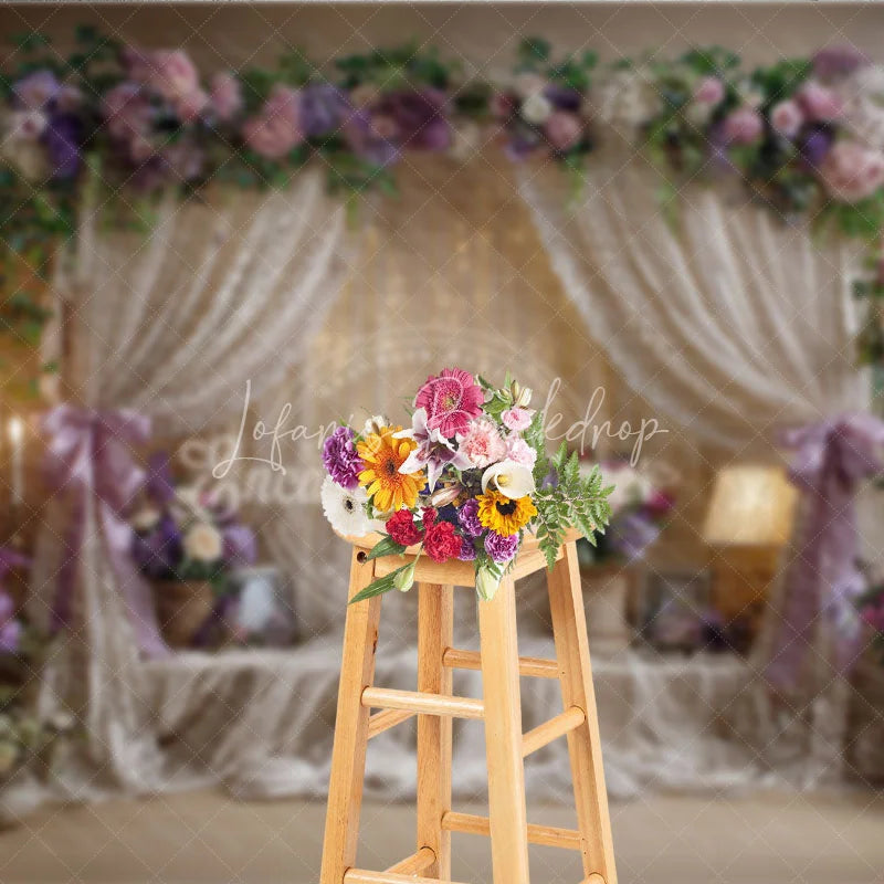 Lofaris Elegant Floral Arch and Draped Sheer Curtains Photography Backdrop Romantic Lavender Pink Wedding Party Decor