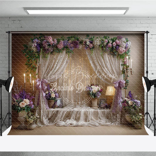 Lofaris Elegant Floral Arch and Draped Sheer Curtains Photography Backdrop Romantic Lavender Pink Wedding Party Decor