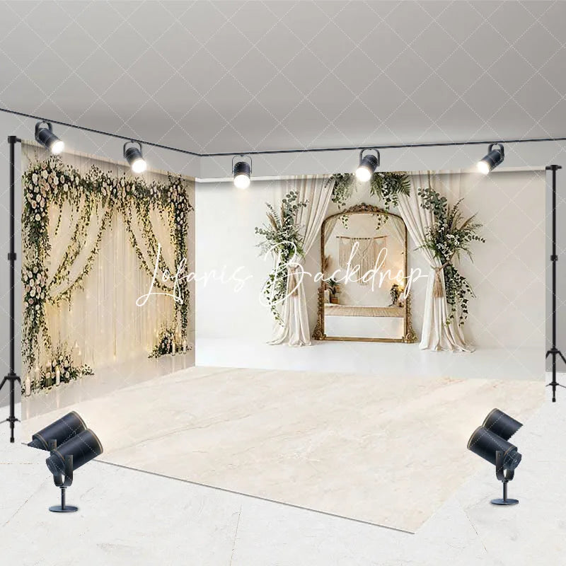 Lofaris Elegant Floral Arch and Gold Mirror Room Set Backdrop Bohemian Wedding Party Photography Decor