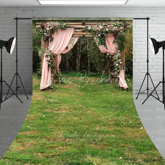 Lofaris Elegant Floral Arch Backdrop Pink Draped Curtains and Garden Gazebo Romantic Wedding Ceremony Scene
