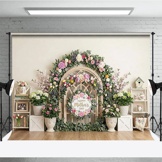 Lofaris Elegant Floral Arch Photography Backdrop with Happy Mother’s Day Sign Spring Pastel Flowers and Wooden Lattice Decor