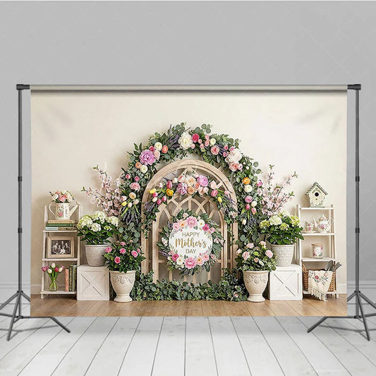 Lofaris Elegant Floral Arch Photography Backdrop with Happy Mother’s Day Sign Spring Pastel Flowers and Wooden Lattice Decor