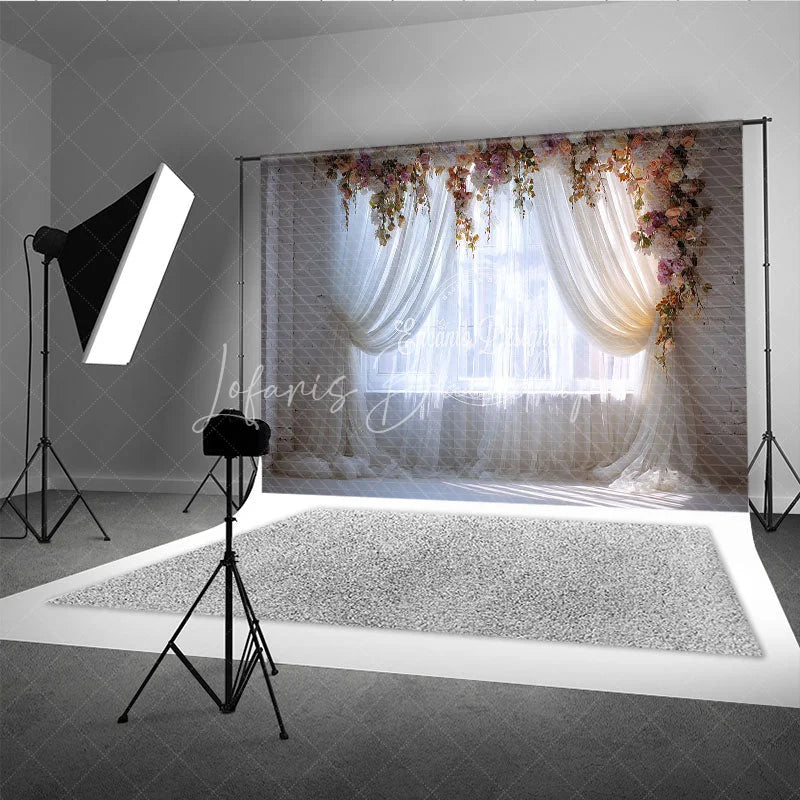 Lofaris Elegant Floral Arch Window Photography Backdrop Romantic Sheer Curtain and White Brick Wall Decor for Portraits