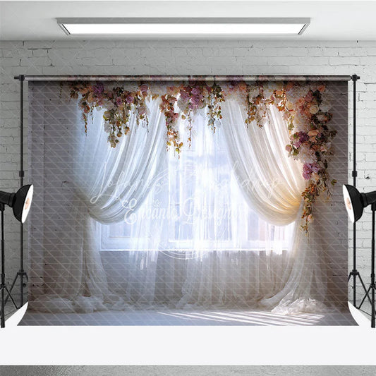 Lofaris Elegant Floral Arch Window Photography Backdrop Romantic Sheer Curtain and White Brick Wall Decor for Portraits