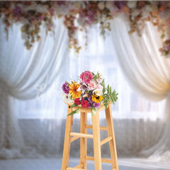 Lofaris Elegant Floral Arch Window Photography Backdrop Romantic Sheer Curtain and White Brick Wall Decor for Portraits
