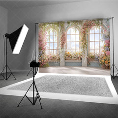 Lofaris Elegant Floral Arched Window Photography Backdrop with City View Romantic Garden Party Decor for Spring and Summer