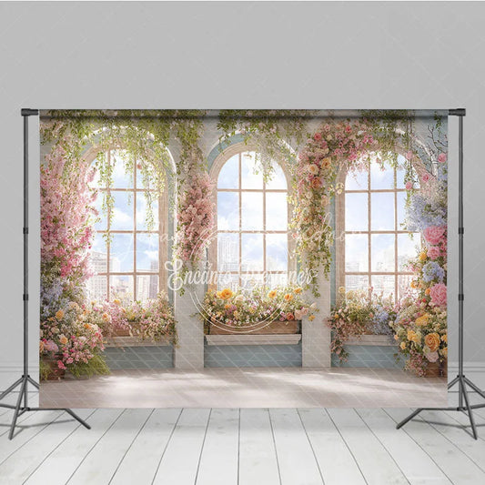 Lofaris Elegant Floral Arched Window Photography Backdrop with City View Romantic Garden Party Decor for Spring and Summer