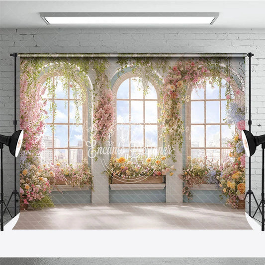 Lofaris Elegant Floral Arched Window Photography Backdrop with City View Romantic Garden Party Decor for Spring and Summer