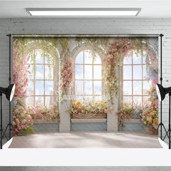 Lofaris Elegant Floral Arched Window Photography Backdrop with City View Romantic Garden Party Decor for Spring and Summer
