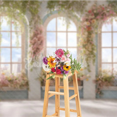 Lofaris Elegant Floral Arched Window Photography Backdrop with City View Romantic Garden Party Decor for Spring and Summer