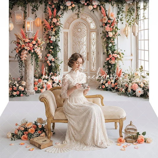 Lofaris Elegant Floral Archway and White Door Combo Set Backdrop Romantic Wedding Bridal Shower Party Decoration