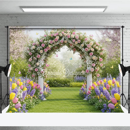 Lofaris Elegant Floral Archway Photography Backdrop with Pink Roses Colorful Tulips and Garden Path