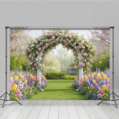 Lofaris Elegant Floral Archway Photography Backdrop with Pink Roses Colorful Tulips and Garden Path