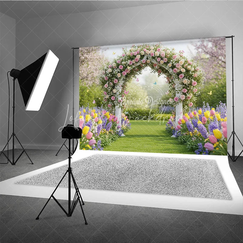 Lofaris Elegant Floral Archway Photography Backdrop with Pink Roses Colorful Tulips and Garden Path