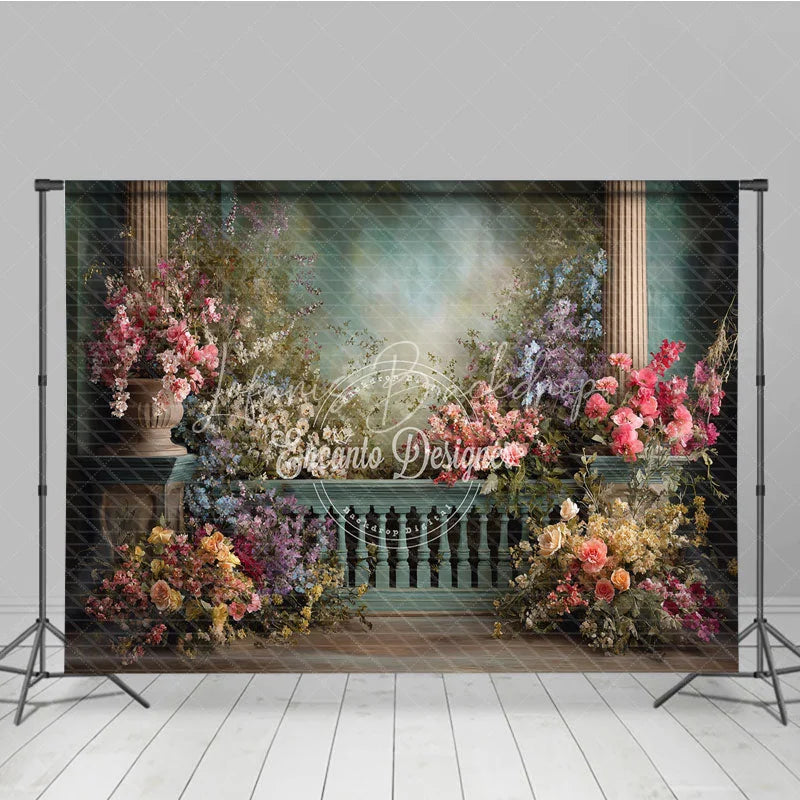 Lofaris Elegant Floral Garden Photography Backdrop Columns and Romantic Balustrade for Weddings Portraits