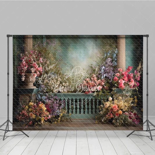 Lofaris Elegant Floral Garden Photography Backdrop Columns and Romantic Balustrade for Weddings Portraits