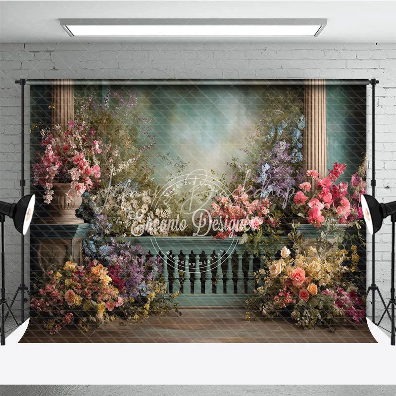 Lofaris Elegant Floral Garden Photography Backdrop Columns and Romantic Balustrade for Weddings Portraits