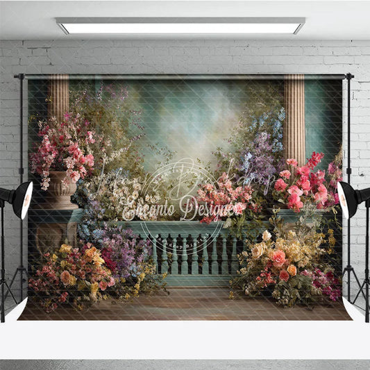 Lofaris Elegant Floral Garden Photography Backdrop Columns and Romantic Balustrade for Weddings Portraits
