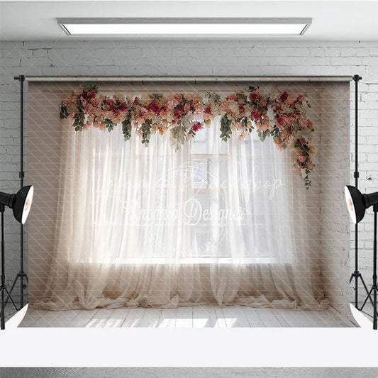 Lofaris Elegant Floral Garland Sheer Curtain Window Photography Backdrop White Brick Wall Wooden Floor for Romantic Portraits