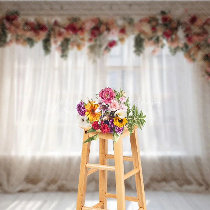 Lofaris Elegant Floral Garland Sheer Curtain Window Photography Backdrop White Brick Wall Wooden Floor for Romantic Portraits