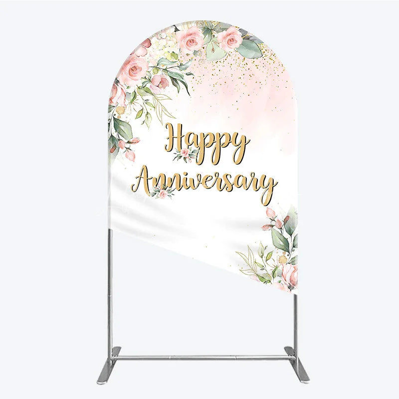Lofaris Elegant Floral Happy Anniversary Arch Backdrop Romantic Pink Rose Party Decor