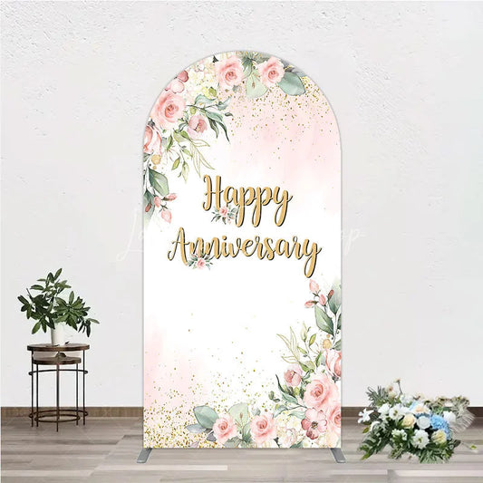 Lofaris Elegant Floral Happy Anniversary Arch Backdrop Romantic Pink Rose Party Decor