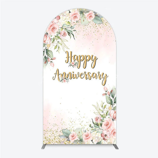 Lofaris Elegant Floral Happy Anniversary Arch Backdrop Romantic Pink Rose Party Decor