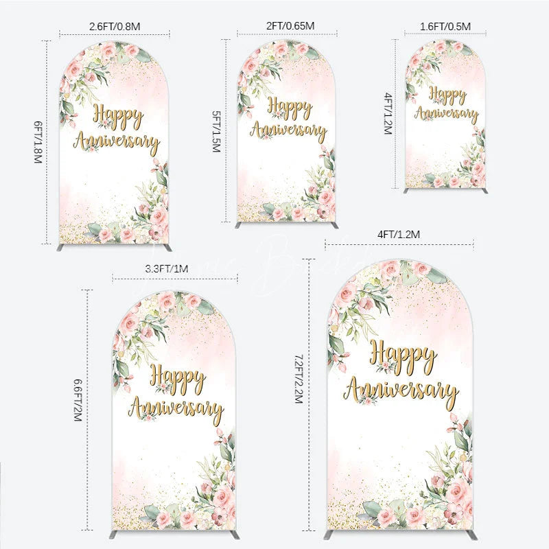 Lofaris Elegant Floral Happy Anniversary Arch Backdrop Romantic Pink Rose Party Decor