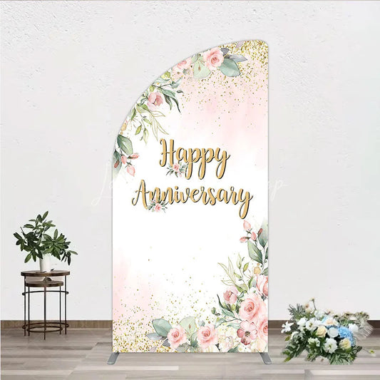 Lofaris Elegant Floral Happy Anniversary Half Moon Arch Backdrop Romantic Pink Rose Party Decor