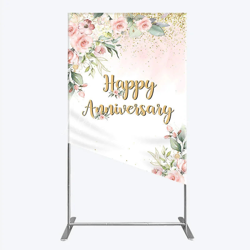 Lofaris Elegant Floral Happy Anniversary Rectangle Backdrop Romantic Pink Rose Party Decor