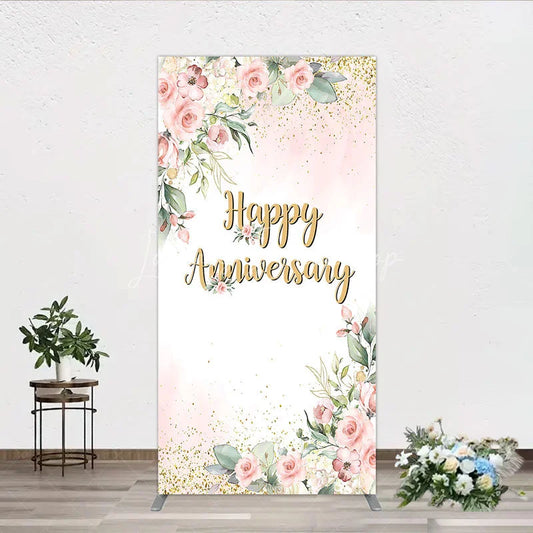 Lofaris Elegant Floral Happy Anniversary Rectangle Backdrop Romantic Pink Rose Party Decor