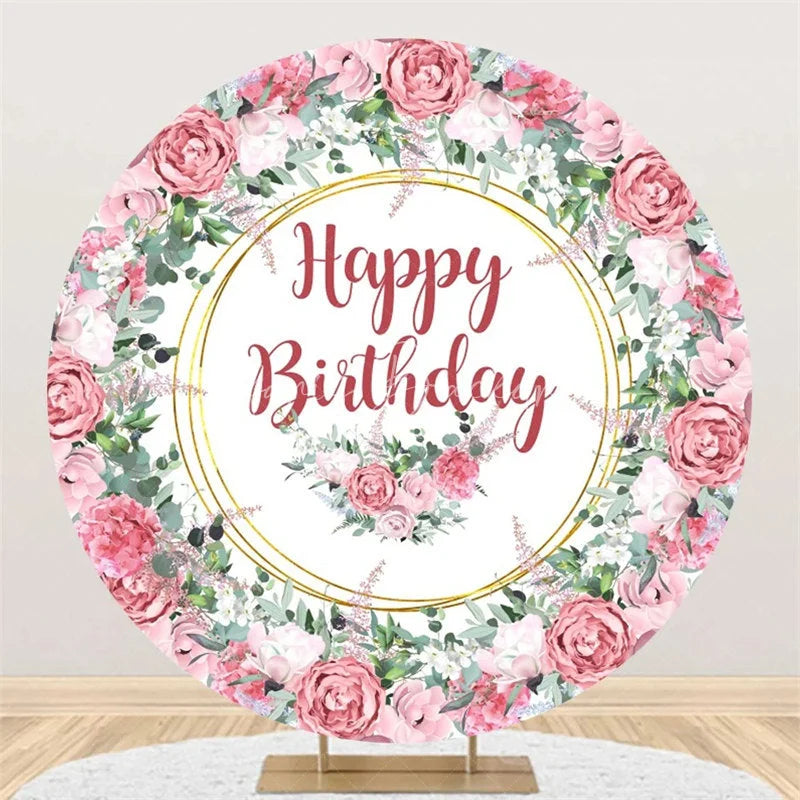 Lofaris Elegant Floral Happy Birthday Round Backdrop Gold Frame Flower Background for Party