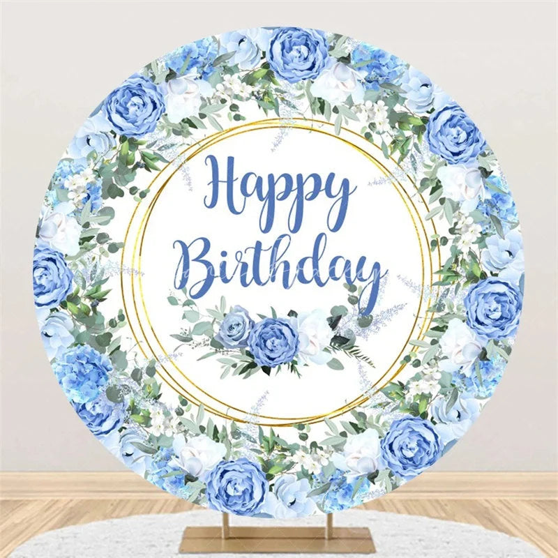 Lofaris Elegant Floral Happy Birthday Round Backdrop Gold Frame Flower Background for Party