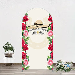 Lofaris Elegant Floral Horse Racing Derby Day Round Top Arch Backdrop with Watercolor Roses and a Stylish Hat