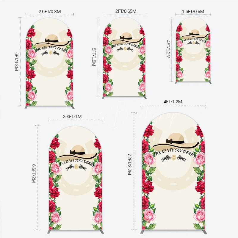 Lofaris Elegant Floral Horse Racing Derby Day Round Top Arch Backdrop with Watercolor Roses and a Stylish Hat