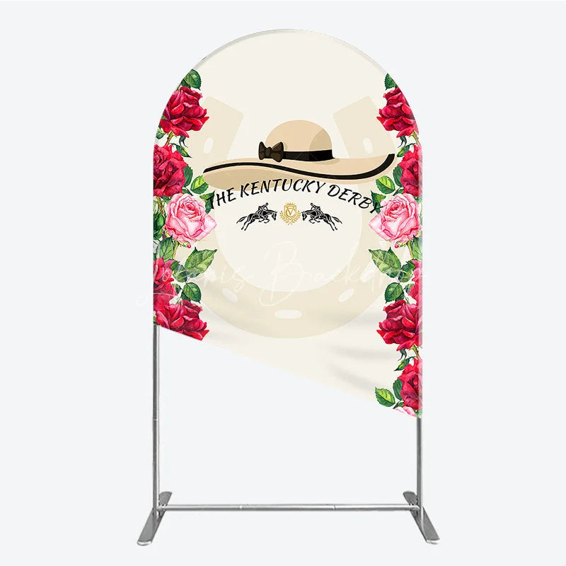 Lofaris Elegant Floral Horse Racing Derby Day Round Top Arch Backdrop with Watercolor Roses and a Stylish Hat