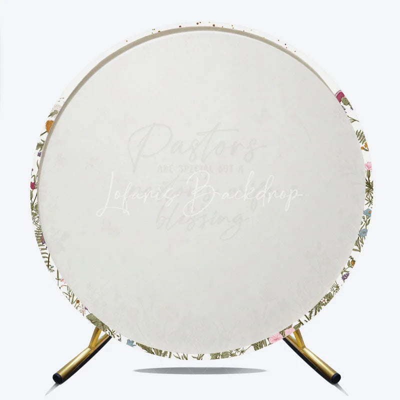 Lofaris Elegant Floral Pastors are Special Blessing Round Backdrop with Wildflowers Butterflies Golden Glitter Decor