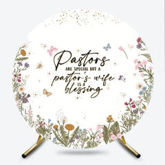 Lofaris Elegant Floral Pastors are Special Blessing Round Backdrop with Wildflowers Butterflies Golden Glitter Decor