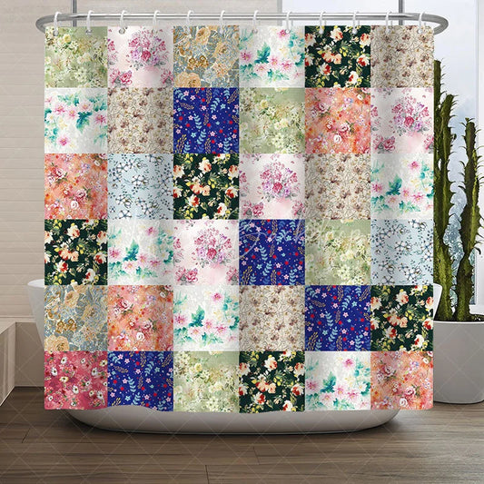 Lofaris Elegant Floral Patchwork Shower Curtain featuring Watercolor Roses and Pastel Botanical Patterns for Bathroom Decor