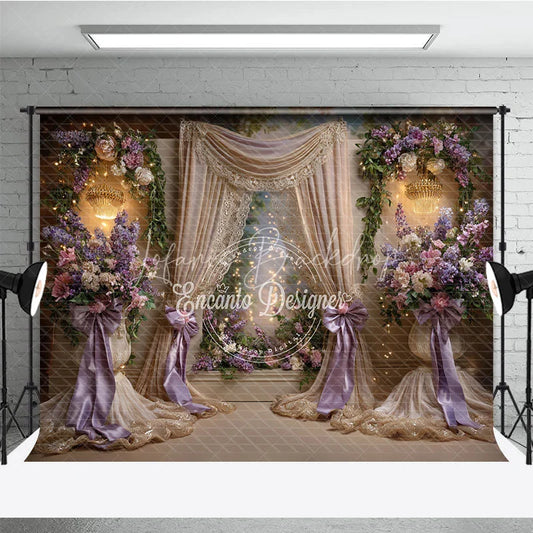 Lofaris Elegant Floral Photography Backdrop with Purple and Pink Flowers Golden Drapes Sparkling Chandeliers for Celebrations