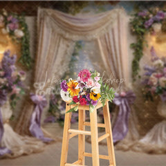 Lofaris Elegant Floral Photography Backdrop with Purple and Pink Flowers Golden Drapes Sparkling Chandeliers for Celebrations